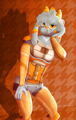 alternate_form andromorph anthro crossgender floppy_ears fur genitals grey_body grey_fur hair horn intersex machine mta_crossgender mti_crossgender orange_body orange_eyes orange_horn orange_vulva solo synthetic translucent translucent_body vulva conditional_dnp gusta gusta_(gusta) bovid caprine goat hybrid mammal robot hi_res