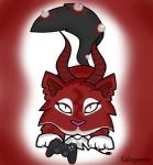 animal_jam controller demon felid female feral fur game_controller horn looking_at_viewer mammal pantherine red_background red_body red_fur simple_background snow_leopard solo text wildworks