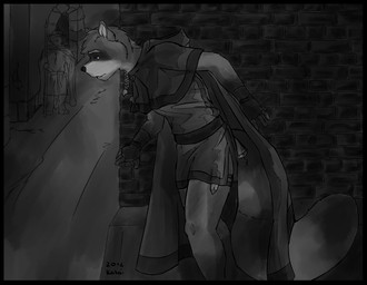 anthro braided_hair cloak clothing dagger duo guard hair lamp male medieval melee_weapon night oil_lamp polearm shirt side_view sneak snout solo_focus spear tail thief topwear tunic urban weapon katai mammal procyonid raccoon greyscale monochrome