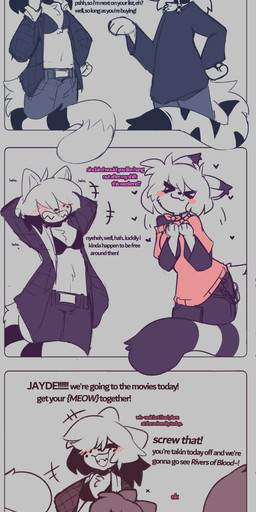 :3 >_< blush bra chest_tuft clothed clothing collar dialogue eyes_closed female flirting fur happy jacket male open_clothing open_jacket open_topwear smile sparkles striped_body striped_fur stripes tail text topwear tuft underwear caeleste jayde_(caeleste) niles_(caeleste) patience_(caeleste) sinclaire_(caeleste) domestic_cat felid feline felis mammal 2025 absurd_res comic english_text hi_res