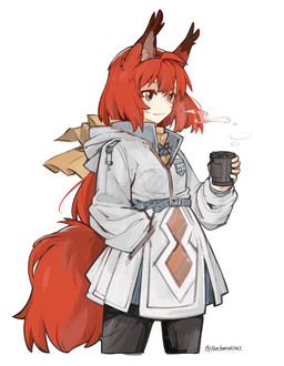 belt clothing coffee_cup container cup dipstick_ears ear_markings female grey_clothing grey_jacket grey_topwear hair hand_in_pocket holding_coffee_cup holding_container holding_cup holding_object jacket looking_aside multicolored_ears pockets red_hair red_tail simple_background smile smoke solo tail topwear white_background mechanicalowl arknights hypergryph studio_montagne flametail_(arknights) animal_humanoid humanoid mammal mammal_humanoid rodent rodent_humanoid sciurid sciurid_humanoid tree_squirrel_humanoid 2022 absurd_res hi_res