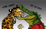 anthro duo humor kissing male neko! jesie janks jesie_(character) alligator alligatorid crocodilian felid jaguar mammal pantherine reptile scalie