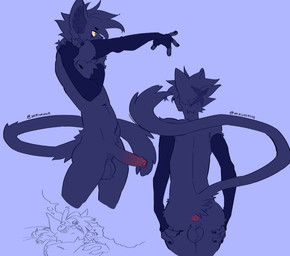 anthro anus armwear backsack balls black_armwear black_body black_clothing black_elbow_gloves black_fur black_gloves black_handwear black_nails black_nipples black_nose blush blush_lines body_hair butt butt_tuft clothing colored_nails crotch_tuft duo elbow_gloves elbow_gloves_only erection fingerless_gloves foreskin fur genitals glans gloves gloves_only handwear handwear_only happy_trail head_tuft humanoid_genitalia humanoid_penis inner_ear_fluff kinky_hair male monotone_body monotone_fur mostly_nude mostly_nude_anthro mostly_nude_male multiple_poses nails navel nipples nude penis pose presenting presenting_hindquarters purple_background simple_background slim_anthro slim_male solo_focus spread_anus spread_butt spreading stretching tail text thought_bubble tuft unretracted_foreskin nerunaur the_lunar_flame leonardo_soleon samuel_limbo canid canine canis domestic_cat domestic_dog felid feline felis mammal 2026 artist_name digital_drawing_(artwork) digital_media_(artwork) hi_res