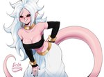 andoid_21 armwear bare_shoulders breasts cleavage clothed clothing ear_piercing female hair humanoid_pointy_ears long_hair looking_at_viewer not_furry piercing pink_body pink_skin pointy_ears red_eyes simple_background smile solo white_background white_hair echo_saber dragon_ball dragon_ball_fighterz majin_android_21 alien alien_humanoid humanoid majin 2020 absurd_res hi_res signature