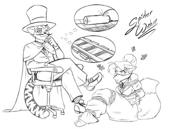 anthro bdsm bondage bound breasts cape captured chair clothed clothed_female clothed_male clothing dipstick_tail duo eyewear female footwear furniture hat headgear headwear male markings monocle peril railway_track restrained rope saw shoes sitting tail tail_markings tools top_hat spiderweber erno_balog jennifer_sherwood canid canine domestic_cat felid feline felis fox mammal 4:3 monochrome