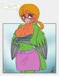 anthro arms_crossed_under_breasts beak belt blonde_hair blue_eyes blush bottomwear breasts clothed clothing crossed_arms embarrassed eyebrows eyelashes feathers female green_body green_feathers hair navel nipples non-mammal_breasts non-mammal_nipples partially_clothed ponytail purple_clothing simple_background skirt solo speech_bubble tail_over_skirt text topless wings fluxwise avian bird lovebird parrot true_parrot 2019 english_text hi_res signature