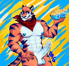 abs anthro balls blue_eyes blue_nipples blue_nose blue_stripes bodily_fluids cereal cereal_mascot claws countershade_face countershade_torso countershading cum food genital_fluids genitals kerchief male mascot muscular muscular_male neckerchief neckwear nipples orange_body red_kerchief red_neckerchief solo striped_body stripes vein veiny_balls white_body white_countershading 6catnick6 frosted_flakes kellogg's tony_the_tiger felid mammal pantherine tiger hi_res