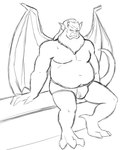 barefoot beard briefs bulge clothed clothing facial_hair feet horn male musclegut muscular scar simple_background sitting solo teeth_showing topless underwear underwear_only white_background wings thegreatmatsutzu disney gargoyles hudson_(gargoyles) gargoyle humanoid black_and_white monochrome sketch