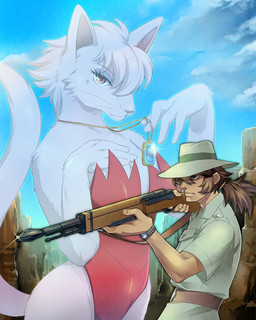 accessory anthro aquamarine_(gem) breasts brown_eyes brown_hair cleavage clock clothed clothing cloud day duo eyebrows eyelashes eyeshadow female fur gem glint gold_(metal) gold_jewelry gun hair hair_accessory hairband half-closed_eyes hat headgear headwear holding_gun holding_object holding_ranged_weapon holding_weapon humanoid_hands hunter jewelry jewelry_glint locket looking_at_viewer makeup male narrowed_eyes necklace outside pink_body pink_eyes pink_fur pink_hair pink_nose ponytail ranged_weapon rifle shirt short_hair sky slim smile tail tan_body tan_skin topwear watch weapon weapon_glint whiskers wristwatch hpa bagi_the_monster_of_mighty_nature osamu_tezuka bagi ryosuke_ishigami cougar felid feline human mammal