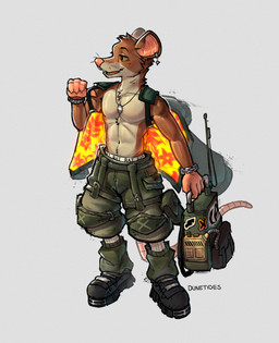 aloha_shirt anthro backpack bracelet clothing dog_tags ear_piercing ear_ring electronics footwear fur jewelry leg_warmers legwear male pattern_clothing pattern_shirt pattern_topwear piercing pink_nose pink_paws radio ring_piercing shirt shoes simple_background smile socks solo tail teeth text topwear underwear_waistband walkie-talkie dunetides haywood_(dunetides) mammal murid murine rat rodent absurd_res hi_res