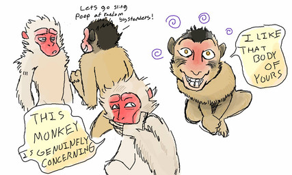 ambiguous_gender brown_ears creepy duo evil_grin feral fur leaning leaning_forward looking_at_viewer looking_up pig-tailed_macaque pink_face pupils red_face shitpost simple_background smile smiling_at_viewer speech_bubble spiky_fur tan_body tan_fur teeth_showing text unimpressed unsettling white_pupils worried yellow_pupils duanelle haplorhine japanese_macaque macaque mammal monkey old_world_monkey primate 5:3 english_text hi_res meme shaded simple_shading sketch