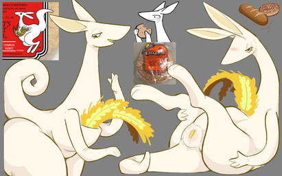 anthro anus bagel blush bread butt female food half-closed_eyes long_ears long_neck mascot narrowed_eyes pouch_(anatomy) presenting presenting_hindquarters puffy_anus simple_background solo tail thought_bubble wheat white_body zzx ezekiel_4:9 kangaroo macropod mammal marsupial hi_res