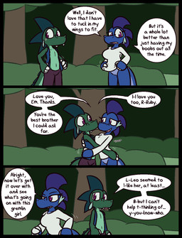 alternate_costume blue_body blue_clothing blue_scales blue_topwear blue_vest blush bottomless bottomwear claws clothed clothing clothing_swap cute_fangs dialogue fangs female finger_claws fist forest frown genitals green_body green_hair green_scales hair hip_grab hug looking_away male open_clothing open_mouth open_topwear open_vest outside pants plant pupils purple_bottomwear purple_clothing purple_eyes purple_hair purple_pants purple_pupils scales shirt smile speech_bubble teeth text topwear tree vest vulva white_claws white_clothing white_shirt white_topwear ultilix european_mythology mythology emerald_(ultilix) ruby_(ultilix) dragon mythological_creature mythological_scalie scalie western_dragon 2025 comic english_text hi_res brother_(lore) brother_and_sister_(lore) sibling_(lore) sister_(lore)