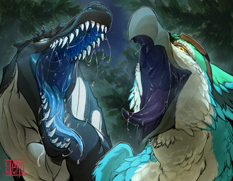 beak black_insides blue_eyes blue_insides bodily_fluids drooling duo eyewear eyewear_on_head feathers feral goggles goggles_on_head male male/male mouth_shot night open_beak open_mouth saliva saliva_on_tongue saliva_string sharp_teeth teeth teeth_showing throat tongue vore vore_implied yellow_eyes el-tero mythology coulias sorrel_(sorrelbirdy) avian dinosaur gryphon mythological_avian mythological_creature prehistoric_species reptile saurischian scalie spinosaurid spinosaurus theropod hi_res