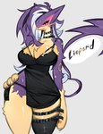 alternative_fashion anthro big_breasts breasts claws cleavage clothed clothing collar dress felid female fur generation_5_pokemon goth hair hand_on_hip hi_res kemono leg_belt legwear liepard mammal nintendo pokemon pokemon_(species) purple_body purple_fur purple_hair red_eyes solo spiked_collar spikes stockings togetoge whiskers wide_hips