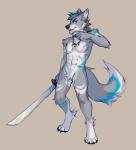 4_toes 5_fingers anthro black_nose blue_hair feet fingers fur grey_body grey_fur hair holding_melee_weapon holding_object holding_sword holding_weapon male melee_weapon nude solo sword toes weapon gonewiththefart canid canine canis mammal wolf digital_media_(artwork)