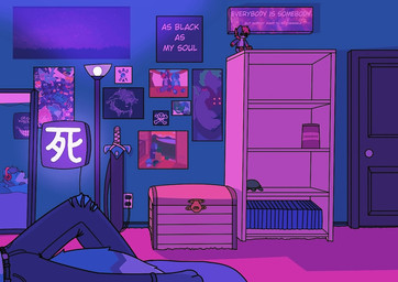 anthro bed blue_body blue_fur book carpet clothed clothing doll door electric_guitar electronics fur furniture guitar headphones lamp lying melee_weapon mirror musical_instrument neon_lights on_back plucked_string_instrument plushie poster shelf solo string_instrument sword topless weapon thatboi_limo mylimo canid canine canis fox mammal wolf digital_media_(artwork)