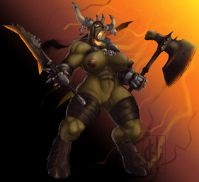 abs anthro armor axe biceps big_breasts breasts clothing crossgender dual_wielding facial_piercing female gauntlets genitals gloves handwear holding_object holding_weapon hooves horn melee_weapon mtf_crossgender muscular muscular_anthro muscular_female muscular_thighs nose_piercing nose_ring open_mouth piercing ring_piercing serratus solo triceps vulva weapon heid_(artist) european_mythology greek_mythology mythology warhammer_(franchise) warhammer_fantasy taurox_the_brass_bull beastman_(warhammer) bovid bovine mammal minotaur 2021 absurd_res digital_media_(artwork) hi_res