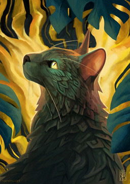 black_body black_fur black_nose detailed_background detailed_fur feral fur male mouth_closed plant pointy_ears side_view solo whiskers yellow_sclera raironu domestic_cat felid feline felis mammal detailed digital_media_(artwork) signature watermark