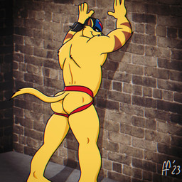 4_fingers anthro biped brick_wall brown_body brown_fur brown_inner_ear butt clothing fingers fur fur_markings hands_on_wall jockstrap male markings mask solo tail underwear wall_(structure) wearing_mask yellow_body yellow_fur fabfelipe hanna-barbera swat_kats chance_furlong domestic_cat felid feline felis mammal 1:1 2023 digital_drawing_(artwork) digital_media_(artwork) hi_res