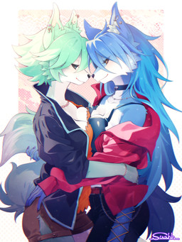 animal_ears black_choker black_jewelry black_necklace black_sclera blue_eyes blue_hair body_fur breast_squish breasts choker cleavage clothed clothing ear_piercing ear_ring eye_contact female fluffy_ears green_hair hair half-closed_eyes holding_another's_tail holding_tail hug jacket jewelry leg_between_thighs long_hair looking_at_another medium_breasts multicolored_body narrowed_eyes necklace open_clothing open_jacket open_topwear piercing ring_piercing shirt short short_hair smile squish standing tail topwear two_tone_body two_tone_tail yellow_eyes suahh animal_humanoid canid canid_humanoid canine canine_humanoid fox_humanoid humanoid mammal mammal_humanoid hi_res