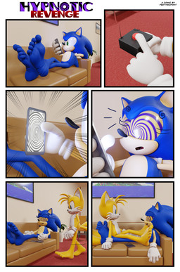 5_fingers 5_toes anthro barefoot big_feet blue_body border clothing controller duo feet fingers foot_fetish fur gloves handwear huge_feet humanoid_feet hypnosis male male/male mind_control plantigrade remote_control spiral spiral_eyes tail text toes white_border yellow_body yellow_fur feetymcfoot sega sonic_the_hedgehog_(series) miles_prower sonic_the_hedgehog canid canine eulipotyphlan fox hedgehog mammal 2019 3d_(artwork) absurd_res comic digital_media_(artwork) hi_res