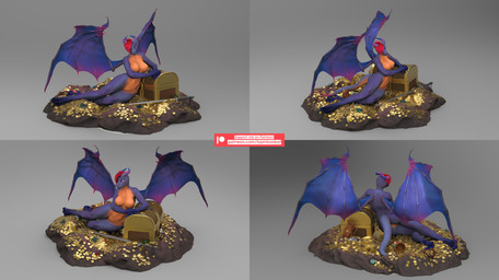 anthro biped female front_view hair hair_over_eye horn markings membrane_(anatomy) membranous_wings multiple_angles nude one_eye_obstructed pink_markings purple_body purple_membrane rear_view reclining red_hair solo spread_wings treasure treasure_chest wings bambookat scalie 3d_(artwork) absurd_res digital_media_(artwork) full-length_portrait hi_res portrait
