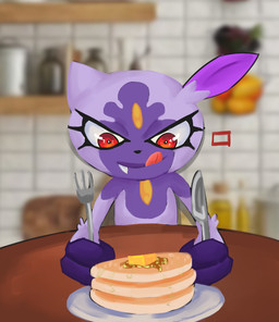 ambiguous_gender anthro butter cutlery dairy_products food fork kitchen kitchen_utensils knife licking licking_lips pancake purple_body red_eyes solo tongue tongue_out tools unknown_artist nintendo pokemon pokemon_legends_arceus generation_8_pokemon hisuian_form hisuian_sneasel pokemon_(species) regional_form_(pokemon)