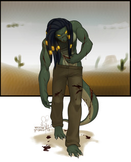 anthro blood bodily_fluids cactus clothed clothing countershading day desert dreadlocks male muscular muscular_anthro muscular_male outside plant sand sky solo standing topless wounded kittydee ikshun lizard reptile scalie digital_media_(artwork) hi_res shaded