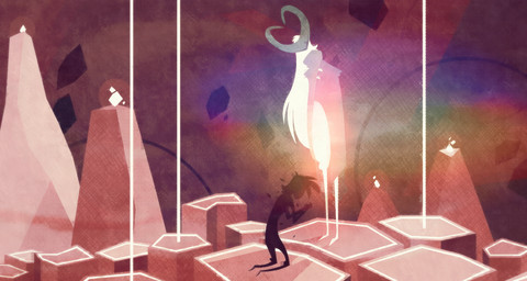 abstract_art biped black_body clothing duo faceless glowing glowing_body grey_horn hair high_place horn kneeling light light_beam lights long_hair mask mountain robe shadow standing symbolism thin_calves thin_legs thin_thighs white_body shane_frost humanoid digital_media_(artwork) full-length_portrait portrait