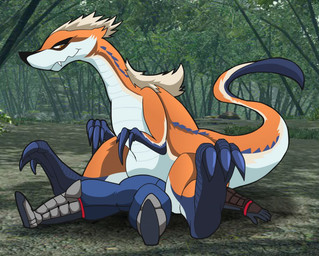 ambiguous_gender belly claws duo facesitting feral orange_body orange_skin sitting_on_another smile white_belly unknown_artist capcom monster_hunter bird_wyvern human izuchi mammal scalie
