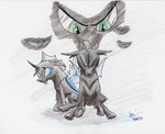 armor black_body carapace duo fangs feral green_eyes hooves horn insect_wings quadruped solo teeth wings doesnotexist friendship_is_magic hasbro my_little_pony evening_breeze rising_sun_(doesnotexist) arthropod changeling absurd_res colored_pencil_(artwork) hi_res traditional_media_(artwork)