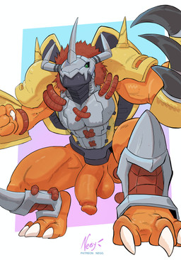 abs anthro armor balls biceps big_muscles biped bodily_fluids breastplate claw_(weapon) clawed_gauntlets claws clothing crouching gauntlets genital_fluids genitals glans gloves green_eyes half-erect handwear headgear helmet horn horned_helmet humanoid_genitalia humanoid_penis male mask melee_weapon muscular muscular_anthro muscular_male nude pecs penis precum simple_background solo thick_penis toe_claws weapon negy bandai_namco digimon digimon_(species) dinosaur prehistoric_species reptile scalie wargreymon 2026 absurd_res hi_res