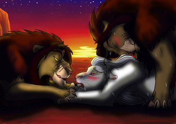 blush bodily_fluids facial_scar feral feral_on_feral group male male/male nude outside pinned scar sky star starry_sky sunset sweat peanutchan felid lion mammal pantherine digital_media_(artwork)