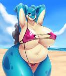 2019 anthro anthrofied arms_above_head beach belly big_belly big_breasts bikini blue_body blue_skin breasts clothing collarbone countershading curvy_figure deep_navel detailed_background digital_media_(artwork) eyelashes eyewear female front_view generation_1_pokemon glasses hi_res huge_breasts lapras looking_at_viewer mature_anthro mature_female mleonheart multicolored_body multicolored_skin navel nintendo nipple_outline outside overweight overweight_anthro overweight_female pokemon pokemon_(species) pokemorph seaside smile solo swimwear tan_body tan_skin thick_thighs two_tone_body two_tone_skin voluptuous wide_hipped_female wide_hips