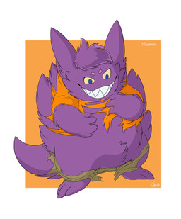 after_transformation clothing featureless_crotch feral fluffy fur fur_growth growth male nude purple_body purple_fur sharp_teeth simple_background solo teeth torn_clothing moofers-mufa nintendo pokemon generation_1_pokemon gengar ghost pokemon_(species) spirit absurd_res hi_res signature