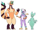 2_toes 4_fingers 4_toes ambiguous_gender anthro arm_tuft biped blush chest_tuft claws elbow_tuft feet female finger_claws fingers flower_on_head fur green_sclera grey_stripes group hair male open_mouth orange_body orange_eyes pointy_ears prick_ears purple_body purple_fur red_stripes round_ears scarf standing striped_body striped_fur stripes tail tail_mouth teal_body thick_thighs toe_claws toes trio tuft unusual_anatomy unusual_tail whiskers white_hair wide_hips yellow_body pomegraniter floraverse iranian_mythology middle_eastern_mythology mythology claude_(floraverse) mellie_(floraverse) toyle_(floraverse) felid flowercat goo_creature hybrid mammal manticore pantherine turf_tiger 2023 hi_res model_sheet signature nonbinary_(lore)