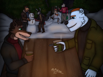anthro axe beverage black_body black_fur blowtorch brown_body brown_fur christmas_clothing christmas_sweater christmas_topwear clothing coffee eye_contact facial_hair forest freezing frozen fur group holidays jacket looking_at_another male male/male plant romantic romantic_couple snow snowman sweater topwear tree vinny_(mckodimus) white_body white_fur mckodimus christmas arthur_(mckodimus) bjorn_(mckodimus) david_(mckodimus) konrad_(mckodimus) percy_(mckodimus) bear brown_bear canid canine canis grizzly_bear lagomorph leporid mammal murid murine mustelid otter polar_bear rabbit rat river_otter rodent ursine wolf hi_res