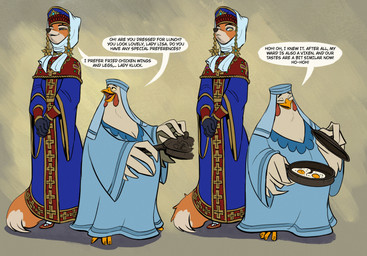 anthro beak clasped_hands cooked_food cookware dialogue duo eyes_closed female frown frying_pan headdress interested kitchen_utensils looking_down looking_up narrowed_eyes open_beak open_mouth paintbrush_tail smile standing tail tools winged_arms wings yellow_eyes sir_paulus disney robin_hood_(disney) lady_kluck lisabeth_(lord_paulus) avian bird canid canine canis chicken fox galliform mammal phasianid hi_res