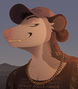 anthro black_hair blue_eyes chain_necklace clothing fangs fur gold_(metal) gold_jewelry grey_body grey_fur grey_hair hair hair_bun half-closed_eyes hat headgear headwear jewelry looking_at_viewer male narrowed_eyes necklace pink_nose round_ears shirt simple_background sky smile smiling_at_viewer smirk solo tank_top teeth teeth_showing text text_on_clothing text_on_headwear text_on_shirt text_on_topwear topwear warm_lighting justdylanfr feller american_opossum mammal marsupial headshot_portrait hi_res portrait