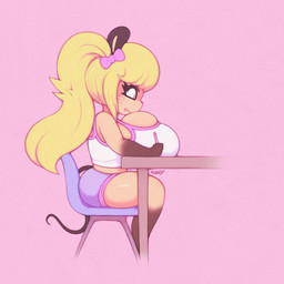 against_desk against_furniture against_surface anthro big_breasts biped blonde_hair blue_chair bottomwear bow_(feature) breast_rest breasts bulging_breasts chair clothed clothed_anthro clothed_female clothing cute_fangs desk fangs female female_anthro furniture grey_tail hair huge_breasts loli on_chair oppai_loli pigtails pink_background school shirt shorts side_boob simple_background sitting solo table tail tank_top teeth thick_thighs topwear young smokyjai tiffy_cheesecake mammal mouse murid murine rodent 1:1 2017 digital_media_(artwork)
