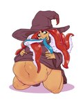 after_vore belly big_belly breasts clothing duo female female_pred hair hat headgear headwear overweight red_hair simple_background vore white_background witch_costume grindavikbydaylight nintendo splatoon cephalopod inkling marine mollusk 2019 4:5