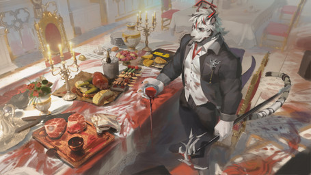 anthro beard black_bottomwear black_clothing black_horn black_pants black_topwear blood bodily_fluids bottomwear candle chair clothed clothing container cup facial_hair food fur furniture hair holding_container holding_cup holding_object holding_staff horn inside male male_anthro meat mouth_closed narrowed_eyes open_clothing open_topwear pants red_eyes red_horn solo staff standing topwear white_body white_clothing white_fur white_hair white_topwear awaldkize felid mammal 16:9 absurd_res hi_res widescreen
