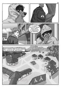 city city_background clothed clothed_male clothing comic_panel hoodie male mid_transformation narration solo speech_bubble text thought_bubble topwear transformation village alphasabre silas_(alphasabre) human humanoid mammal comic english_text greyscale hi_res monochrome
