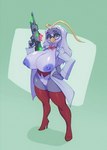 anthro big_breasts boots bow_tie breasts clothing coat corset eyewear female footwear glasses green_eyes hair high_heeled_boots high_heels huge_breasts lab_coat laser_gun legwear lingerie nipple_piercing nipples piercing ranged_weapon shoes solo thigh_boots thigh_highs topwear weapon white_hair bigdad frieda_locke frosti_loxxxe avian bird penguin