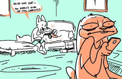 anthro bed bedroom black_text blush blush_lines bodily_fluids bottomwear buckteeth cellphone clothed clothing detailed_background dialogue dildo duo electronics female furniture holding_cellphone holding_object holding_phone holding_smartphone inside male on_bed phone scut_tail sex_toy shirt short_tail shorts sitting smartphone speech_bubble strapon sweat tail teeth text topwear vertical_bar_eyes window nobby_(artist) disney zootopia judy_hopps nick_wilde canid canine fox lagomorph leporid mammal rabbit red_fox true_fox aliasing binary_drawing digital_drawing_(artwork) digital_media_(artwork) english_text handwritten_text restricted_palette