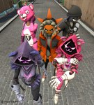 clothing feathers female fur group holding_neck holding_shoulder hoodie jacket looking_at_viewer looking_away male multiple_poses orange_body orange_clothing orange_jacket orange_topwear pink_body pose purple_body topwear walking 5naptrap dragon_ball dragon_ball_super epic_games fortnite fortnite:_battle_royale cuddle_team_leader meow_skulls raven_team_leader sunspot_(fortnite) animal_humanoid animate_inanimate bear calico_cat domestic_cat felid feline felis humanoid living_planet mammal mammal_humanoid ursid_humanoid ursine 3d_(artwork) digital_media_(artwork) source_filmmaker_(artwork)