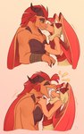 anthro bite claws duo hair hood horn humor muscular size_difference startled wings draykathedragon mythology dragon mythological_creature mythological_scalie scalie absurd_res hi_res