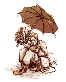 ambiguous_gender bottomwear clothed clothing coat duo eyewear floating followers_of_the_apocalypse_(fallout) fully_clothed glasses holding_notebook lab_coat machine male medical_bag metallic_body not_furry on_ground outside pants satellite_dish shoulder_bag simple_background sitting text topwear umbrella wearing_boots wearing_glasses white_background leona-florianova fallout microsoft arcade_gannon ed-e_(fallout) eyebot_(fallout) human mammal robot artist_name monochrome