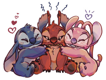 4_toes ambiguous_gender angry annoyed antennae_(anatomy) antennae_markings anthro biped blue_body blue_fur blue_pawpads blush blush_lines bodily_fluids chest_tuft claws clenched_teeth ears_down eyes_closed feet finger_claws fur grey_pawpads group happy head_tuft heart_symbol hug hugging_another long_antennae markings multicolored_antennae narrowed_eyes notched_ear open_mouth open_smile pawpads pink_body pink_fur pivoted_ears purple_markings purple_pawpads red_body red_fur red_nose sharp_teeth simple_background sitting smile sweat teeth toes trio tuft white_background mochigome_(pixiv_112967981) disney lilo_and_stitch angel_(lilo_and_stitch) leroy_(lilo_and_stitch) stitch_(lilo_and_stitch) alien experiment_(lilo_and_stitch) 2025 hi_res female_(lore) male_(lore)